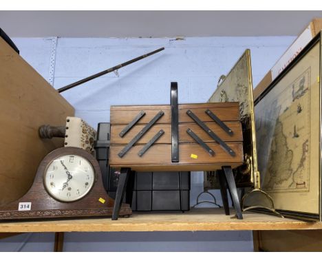 A mid 20th Century cantilever sewing box, brass fire screen, mantel clock, maps and other items