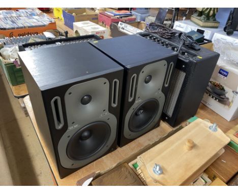 A Fender Mustang amp and a pair of Truth B2031 speakers