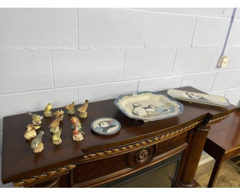 Three Highland stoneware Puffin plates and eleven Royal Worcester birds