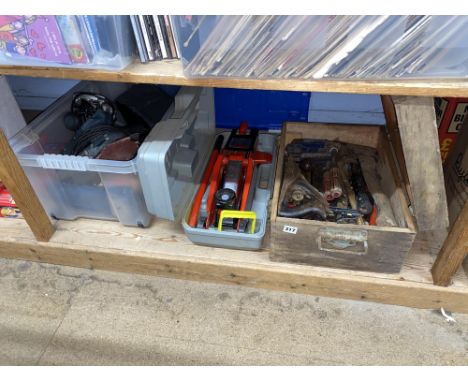 Two boxes of tools including planes, sander, vices, trolley jack and other items