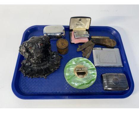 A cast metal Spaniel dog inkwell, H 10cm and other items including a Veterinarians fleam tool, an Art Deco table lighter and 