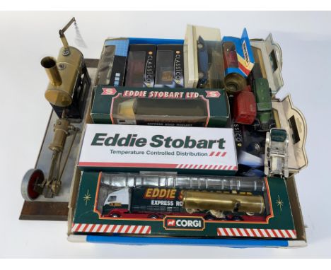 A mounted model stationary engine, L 40cm and a selection of miscellaneous die cast including Dinky toys