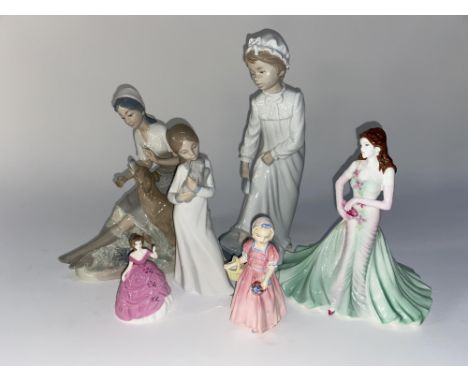 A Coalport Ladies of Fashion study of 'Jayne, Year 2000' and five other porcelain figures by Nao and Royal Doulton