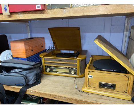 A retro Denver record player/music system. plus another, a Minolta camera and lenses in bag, and two boxes of tools
