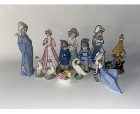 A selection of figural and other ornaments by Nao and Coalport, including three Lladro geese