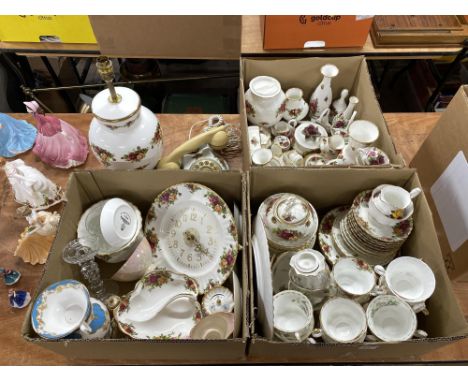 An assorted selection of Royal Albert Old Country Roses patterned tableware including tea cups and saucers, table lamp, clock