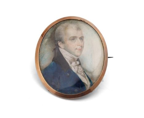 Oval portrait miniature on ivory of a gentleman, in 9ct gold frame, bears monogram DM in gold laid to reverse on a laid backg