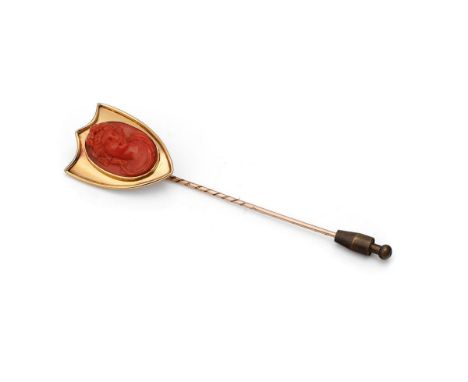 Victorian 9ct gold shield-shaped stick pin with large coral cameo, gross weight 11.4 grams, 10cm long.  