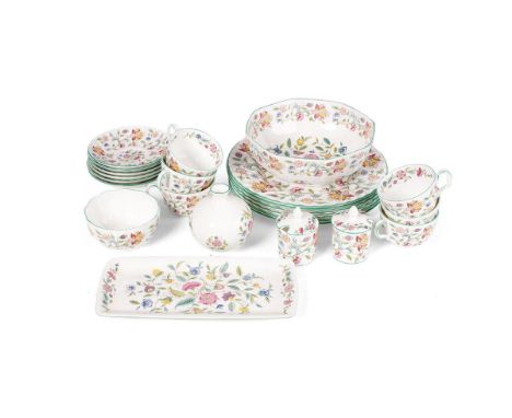 Minton Haddon Hall tea and dinner ware to include 6 cups, 6 saucers, an 8'' octagonal bowl, 6 27cm dinner plates (holes drill