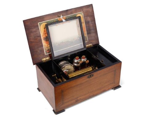 19th century Swiss musical box, inlaid rosewood case, with crank-wind mechanism playing 8 tunes on a cylinder, 3 butterfly be