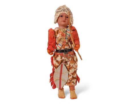 Antique AM male doll, Made in Germany 14/0. Dressed in hunting attire with bow and shelf. Height 32cm.  In good antique condi