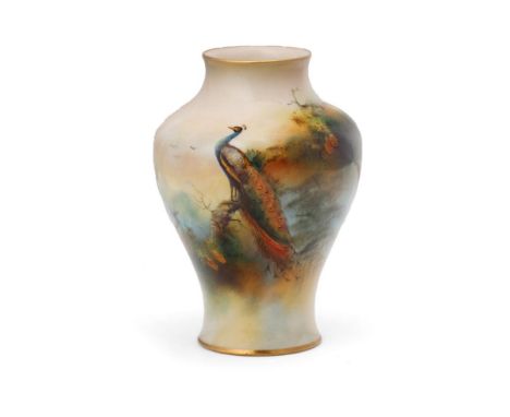 Royal Worcester vase, hand decorated with a Peacock, signed A. Watkins, 11cm high.  In good condition with no obvious damage 