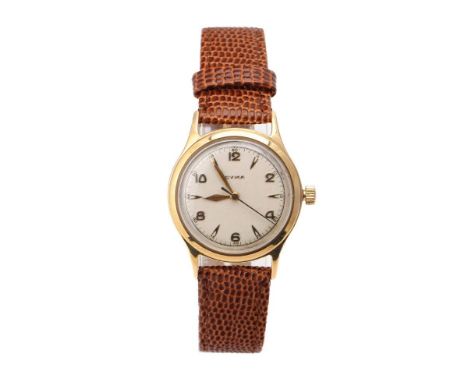 Cyma 9ct gold gents manual wristwatch on leather strap, 30mm, in working order.  Good condition, working order.