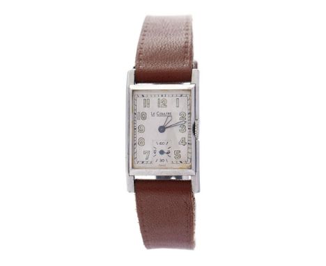 Art Deco gentleman's Jaeger LeCoultre wristwatch. Rectangular off-white dial with luminous numbers and subsidiary dial. Stayb