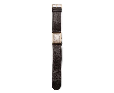 18ct gold and white gold cased vintage manual rectangular wristwatch, on leather strap, circa 1928, original dial, winds, tic