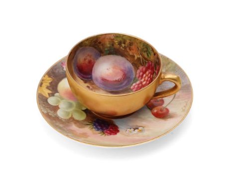 Royal Worcester hand painted fruit scene cup and scene, the saucer signed 'W Hart' and the cup with differing signature, 10cm