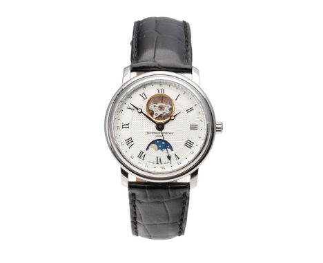 Frederique Constant gentleman's wristwatch, moon phase dial with Roman numerals, stainless steel case with brown leather stra