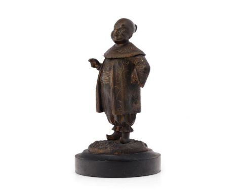 Bronze figure of a Chinese gentleman in traditional costume, mounted onto slate base, in the form of an inkwell, hinged lid f