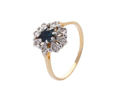 18ct gold ladies ring set diamonds and sapphire, 3.6 grams, size R.  