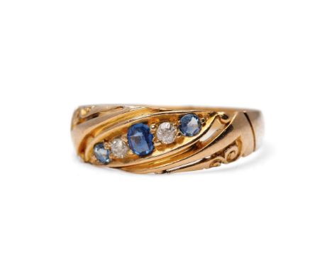 18ct yellow gold ring, set sapphires and diamonds, 2.9 grams, size R/S, Birm 1906.  Size adjusted.