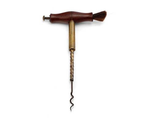 Charles Hull Patent Presto corkscrew, turned wooden handle with brush, brass barrel, brass screw and steel worm, 24cm extende