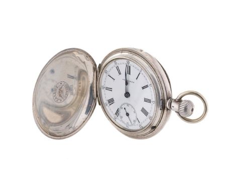 Longines silver full hunter pocket watch marked .800 to inner case. White ceramic dial with Roman number hour markers. Subsid