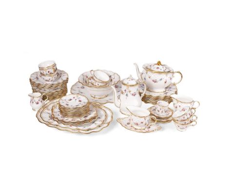 A fifty-six piece Royal Crown Derby Royal Antoinette tea and dinner set to include a teapot, a coffee pot, 7 shaped edge 26.5