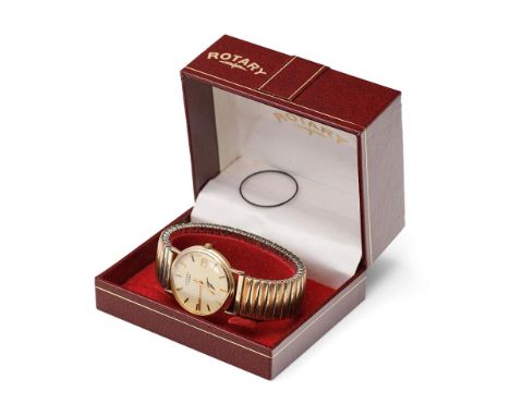 Gents 9ct gold Rotary Quartz wrist watch on expanding non gold bracelet.  Not working, probably needs a new battery.  Bears p