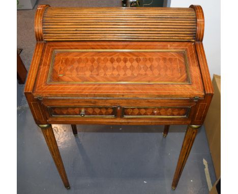 French walnut tambour drop-front writing desk with single drawer, brass fixtures, 65x43x95cm tall.  Good condition, drawer lo