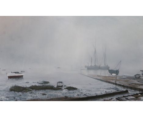 Margaret Glass P.S (British, Born 1950) 
'Mist at Pin Mill, Suffolk'
signed M R G and dated '71 (lower left), pastel
32 x 54c