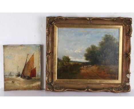Attributed to Clara Shalders (British, 19th Century), Herder with Sheep in Country Lane, oil on board, 30 x 34cm together wit