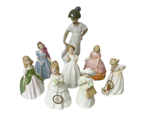 Nao figure 'How Pretty', together with seven Royal Doulton figures, including Wendy and Rose, Nao figure H22cm