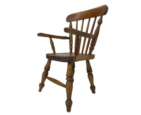 19th century elm and beech child's farmhouse chair, shaped cresting rail over stick back, on turned supports Dimensions: Heig