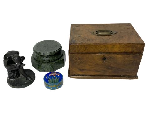 Figure of a man inspecting his own foot, circular lidded trinket box, small display plinth and a jewellery box for restoratio