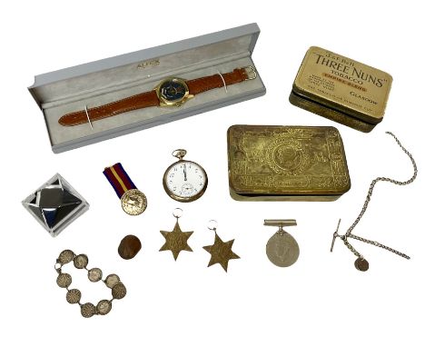 Elgin pocket watch, coin bracelet, silver Albert chain, Alfex watch, WWI Christmas tin and three WWII medals including two st