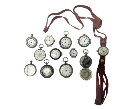 Collection of silver fob watches and wristwatches, some examples with enamel dials, together with silver plated examples 