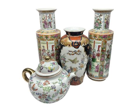 Pair of large 20th century oriental vases, decorated with figural and floral panels, together with a Satsuma style vase and a