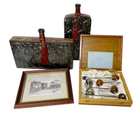 1940's bar tools in a wooden case, together with to vases and a framed picture