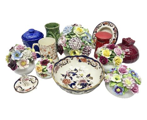 Five ceramic floral displays, including examples by Adderley and Royal Albert, together with Masons Mandalay pattern ceramics