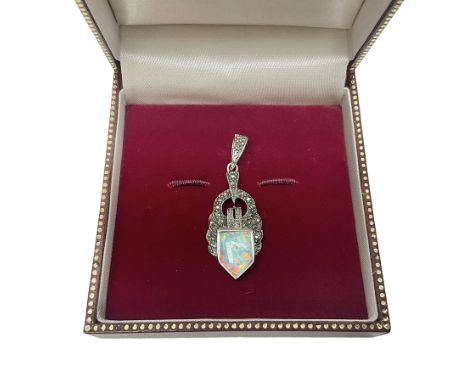 Silver opal and marcasite openwork pendant, boxed 