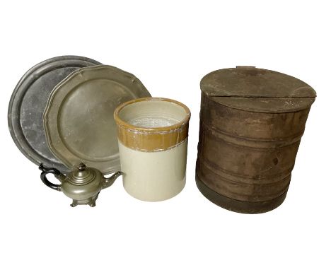 Collection of pewter to include tankards, platters, teapot etc, together with metal flour storage etc 