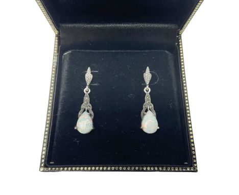 Pair of silver opal and marcasite pendant earrings, stamped 925, boxed 