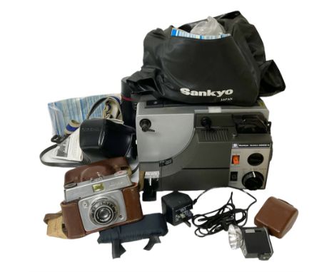 Sankyo Dualux-2000H projector, with cover, together with two vintage camera cases, etc