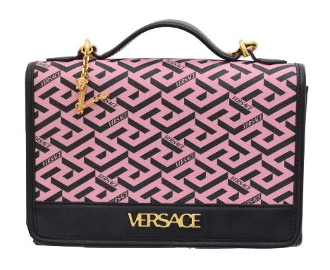 A Versace 'La Greca' Crossbody Bag. The maker's smooth and grained pink, purple and black leather exterior with gold tone har