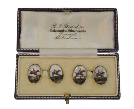 A pair of early 20th century Essex Crystal cufflinks. Hunting interest, with panels displaying horses and huntsmen jumping ov