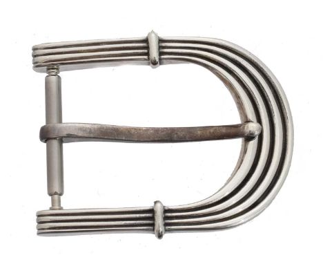 A Georg Jensen silver belt buckle, no. 112. Designed by Lene Munthe for Georg Jensen, with grooved detailing, maker's marks, 