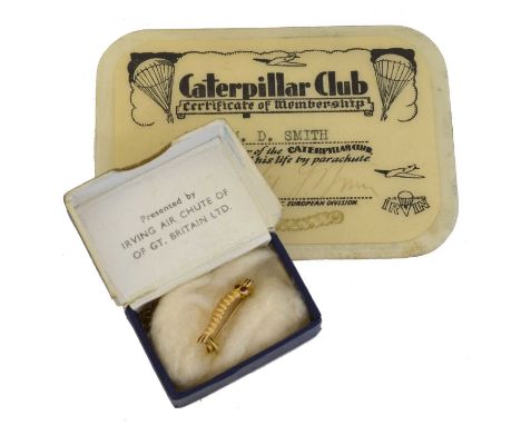 A WWII 'Caterpillar Club' pin.  Of typical design, awarded to Warrant Officer Morris David Smith, inscribed W/O. M. D. Smith 