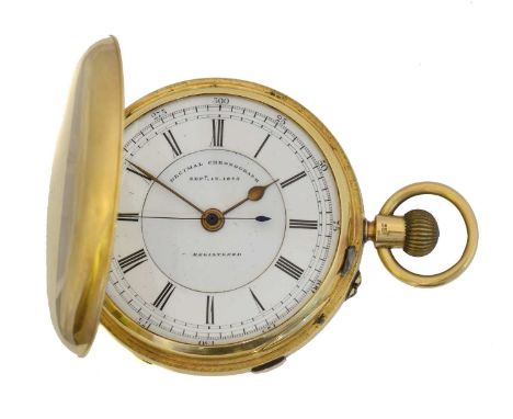 An 18ct gold decimal chronograph hunter pocket watch by John Lecomber, Liverpool. The dial inscribed 'Decimal Chronograph Sep