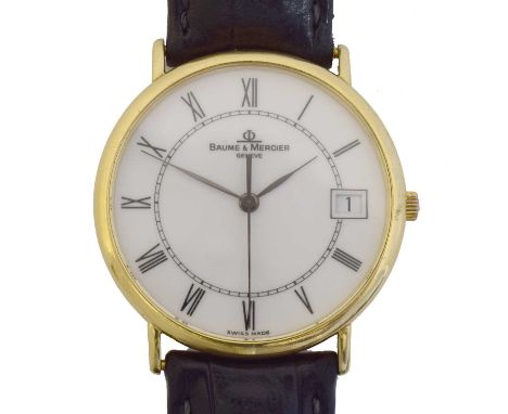 An 18ct gold Baume & Mercier quartz wristwatch, ref. 15205. The signed white dial with roman numeral markers, inner chapter r