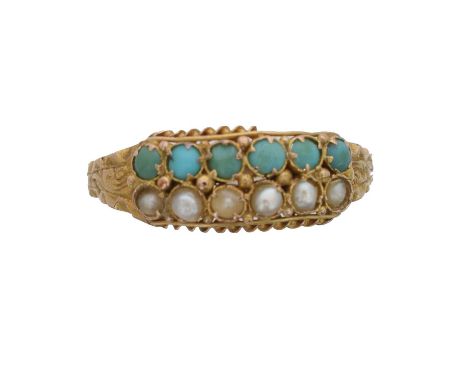 A late Victorian split pearl and turquoise dress ring. The split pearl and turquoise cabochon lines with scrolling shoulders,